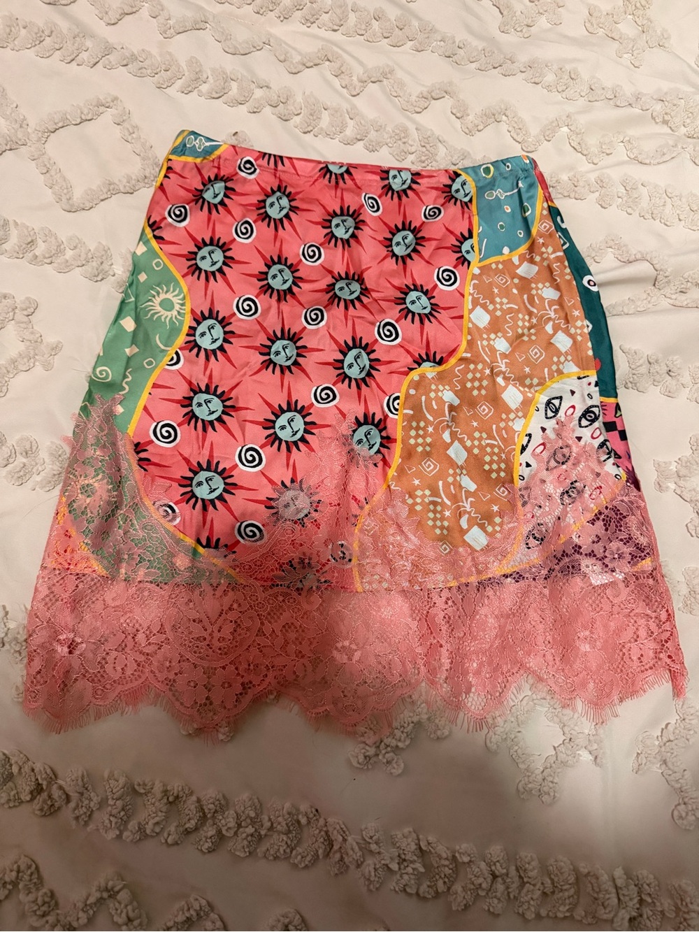 Never Fully Dressed Pink Multicolor Patchwork Lace-Trim Mini Skirt